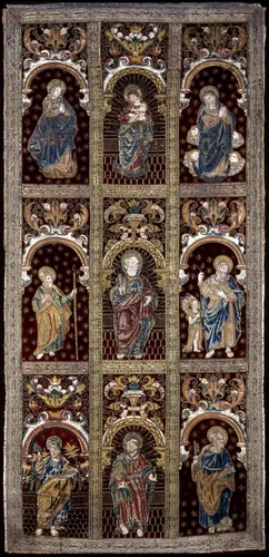 Panel (Made of Reassembled Fragments from Orphrey Bands) by Spain, textile, 1601-1700