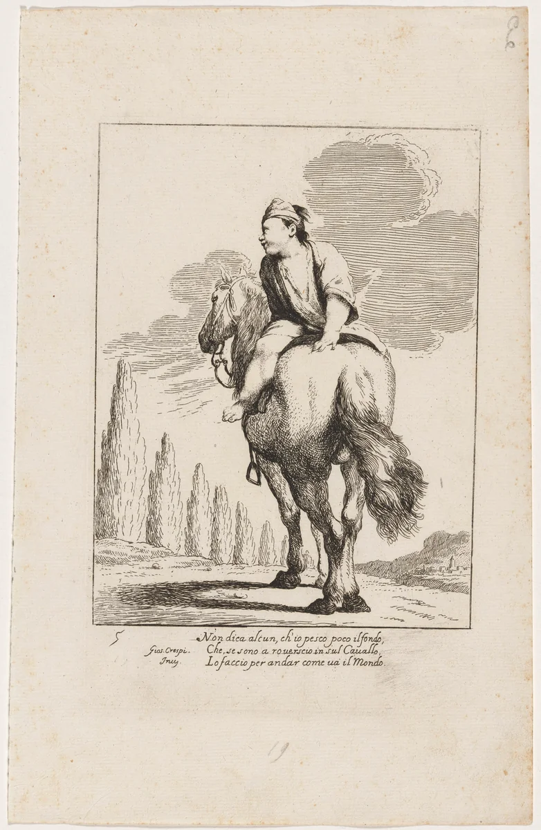 Cacasenno Riding a Horse Backwards by Giuseppe Maria Crespi, print, 1705-1715