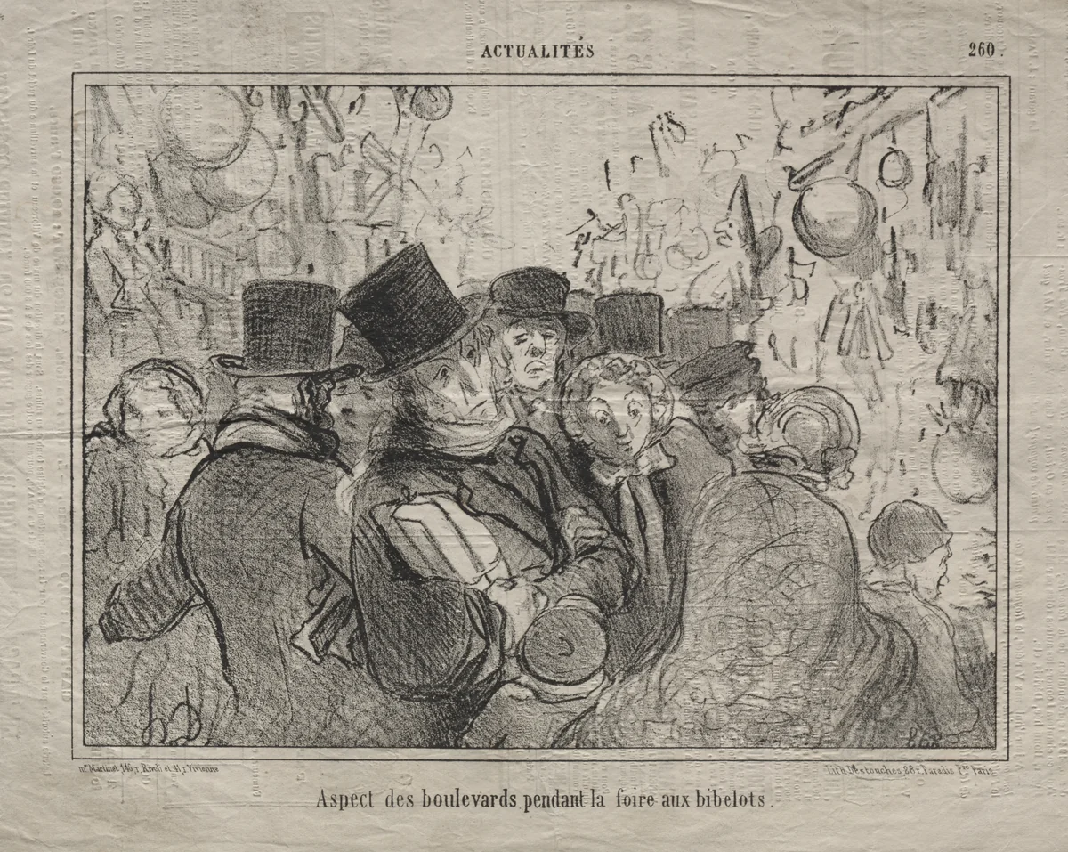 View of boulevards during a market for trinkets by Honoré Daumier, print, 1856