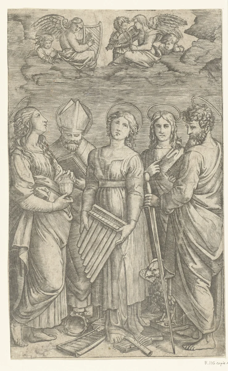 Heilige Cecilia met muziekinstrumenten omringd door vier heiligen by anonymous, print, 1515-1566