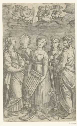 Heilige Cecilia met muziekinstrumenten omringd door vier heiligen by anonymous, print, 1515-1566