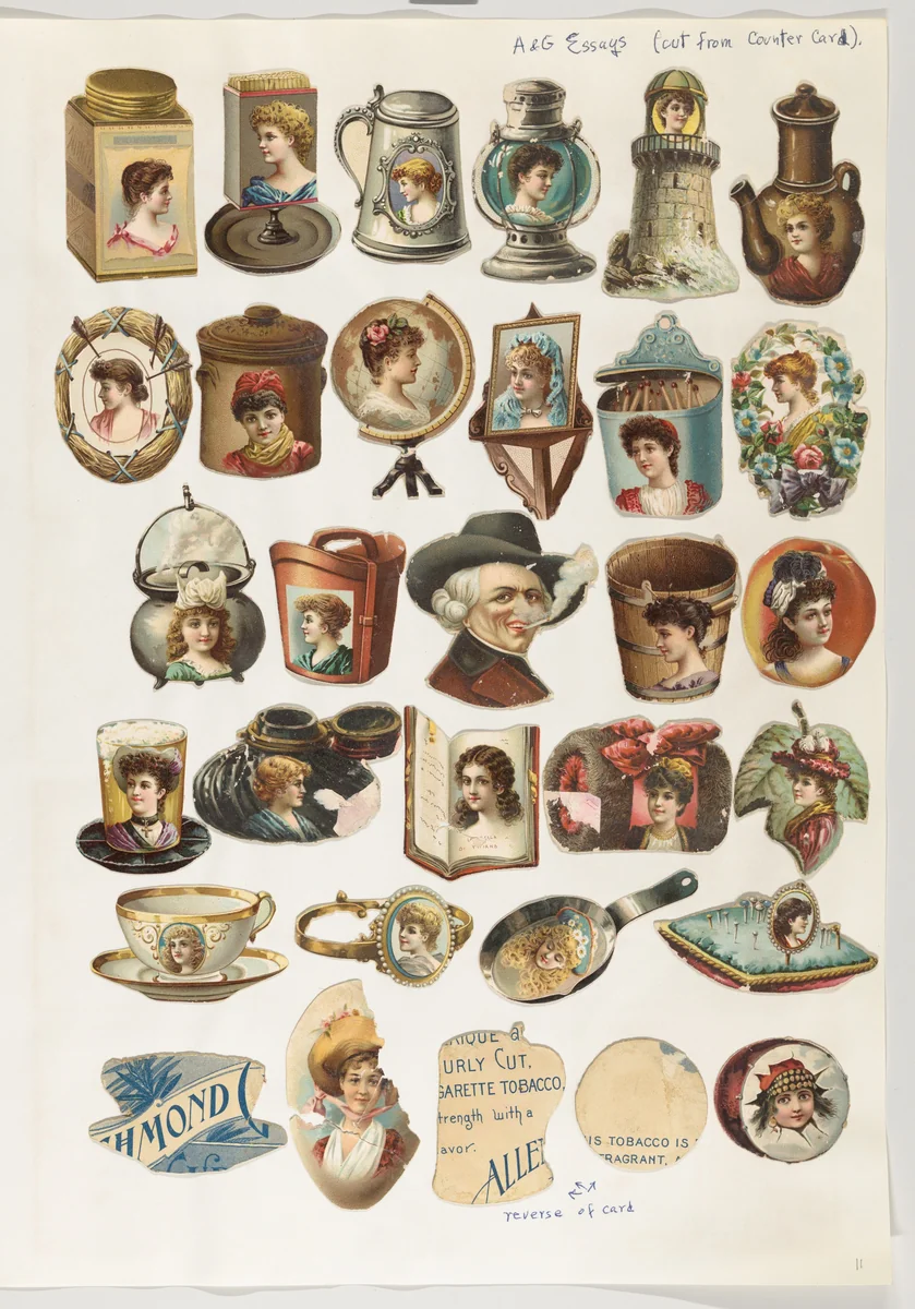 Thirty-one cut-outs from advertising banner for Allen & Ginter Cigarettes by Allen & Ginter, print, 1885-1893