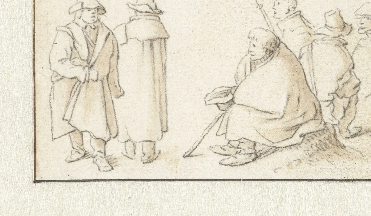 Twee staande en vier zittende mannen by Herman Saftleven, drawing, 1619-1685