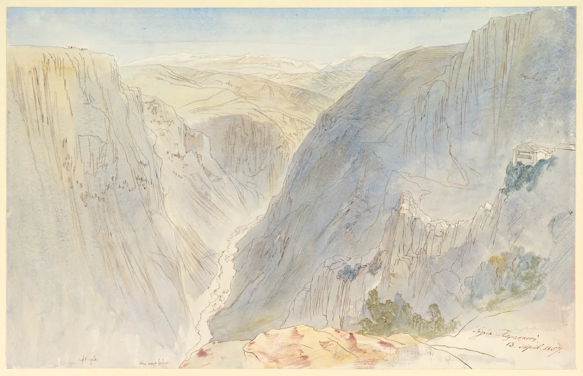 Agia Paraskevi, Epirus, Greece by Edward Lear, drawing, 1857