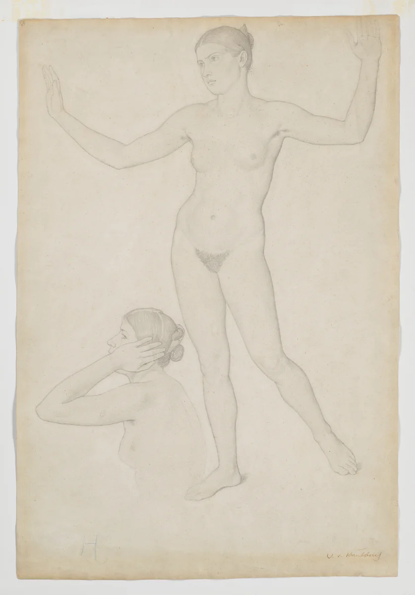 Two Female Nudes; Studies of Psyche for the Series of Paintings of Cupid and Psyche (Bavarian State Paintings Collections) by Wilhelm von Kaulbach, drawing, 1800-1899