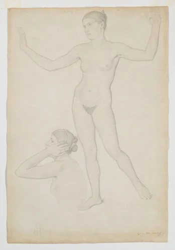 Two Female Nudes; Studies of Psyche for the Series of Paintings of Cupid and Psyche (Bavarian State Paintings Collections) by Wilhelm von Kaulbach, drawing, 1800-1899