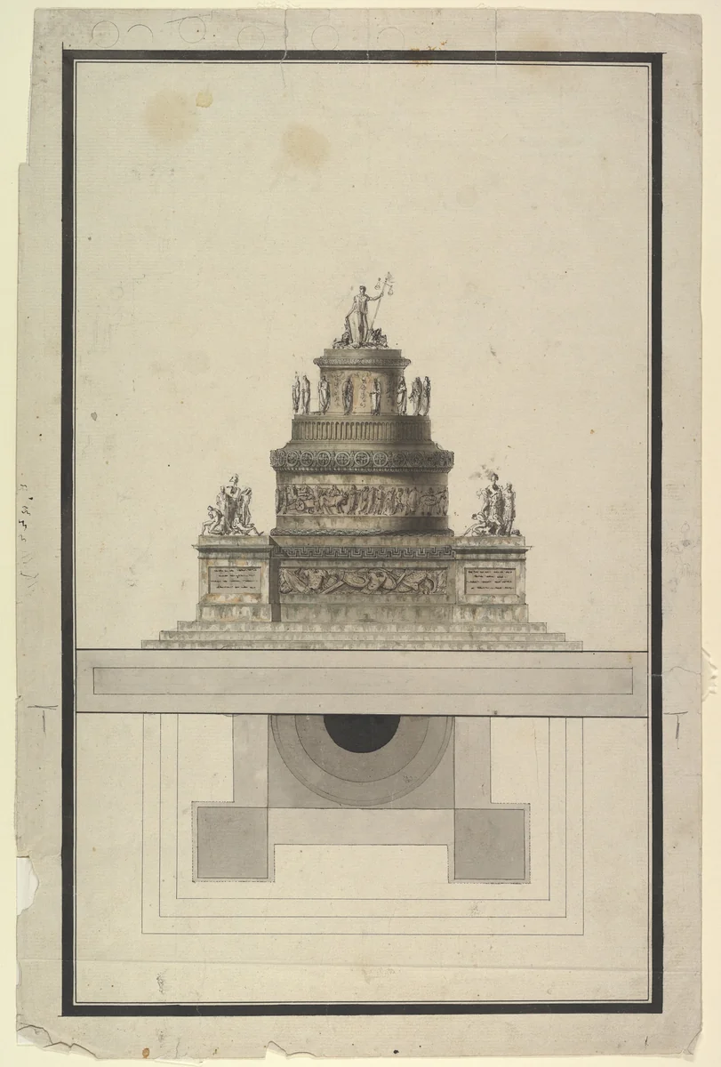Elevation and Plan for a Round Mausoleum by Jean Charles Delafosse, drawing, 1734-1789