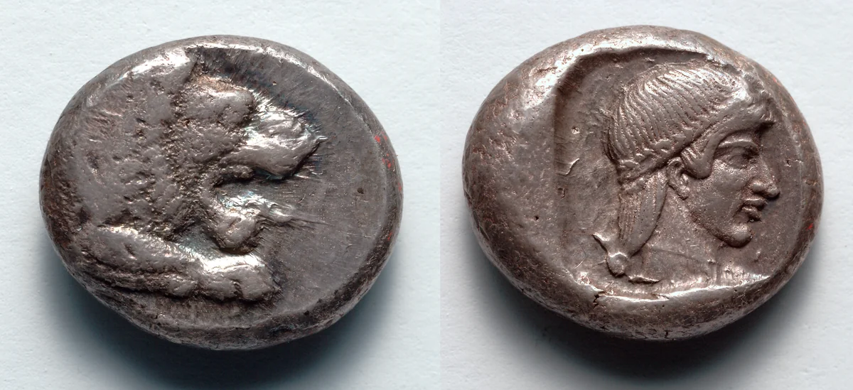 Drachm: Forepart of Lion (obverse); Head of Aphrodite (reverse) by Unknown, metalwork, -465--449