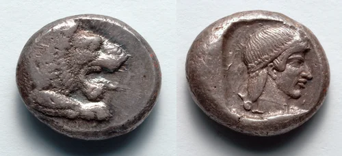 Drachm: Forepart of Lion (obverse); Head of Aphrodite (reverse) by Unknown, metalwork, -465--449