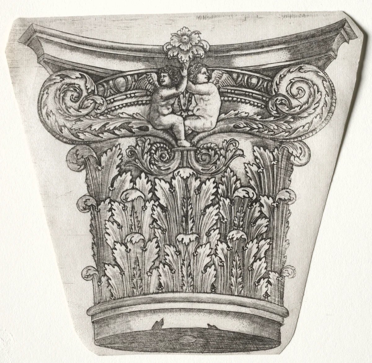 Base and Capital with Putti (capital) by Master G. A., print, 1525-1550