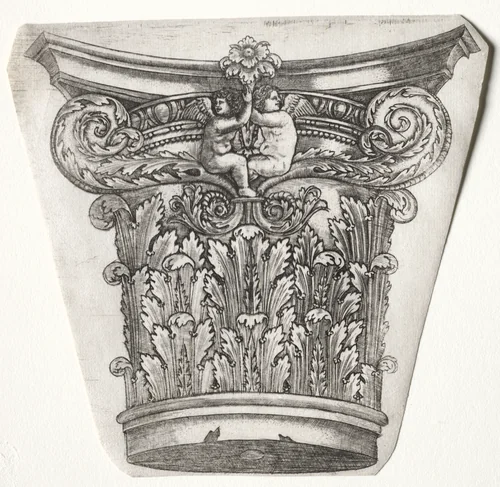 Base and Capital with Putti (capital) by Master G. A., print, 1525-1550