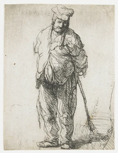 Ragged peasant with his hands behind him, holding a stick by Rembrandt van Rijn, print, 1630