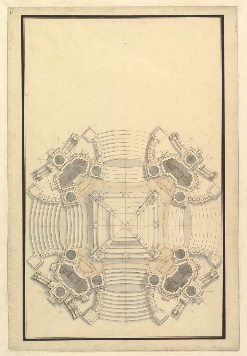 Ground Plan for a Catafalque for the King of Sardinia, Vittorio Amedeo (d. 1732) by Giuseppe Galli Bibiena, drawing, 1732
