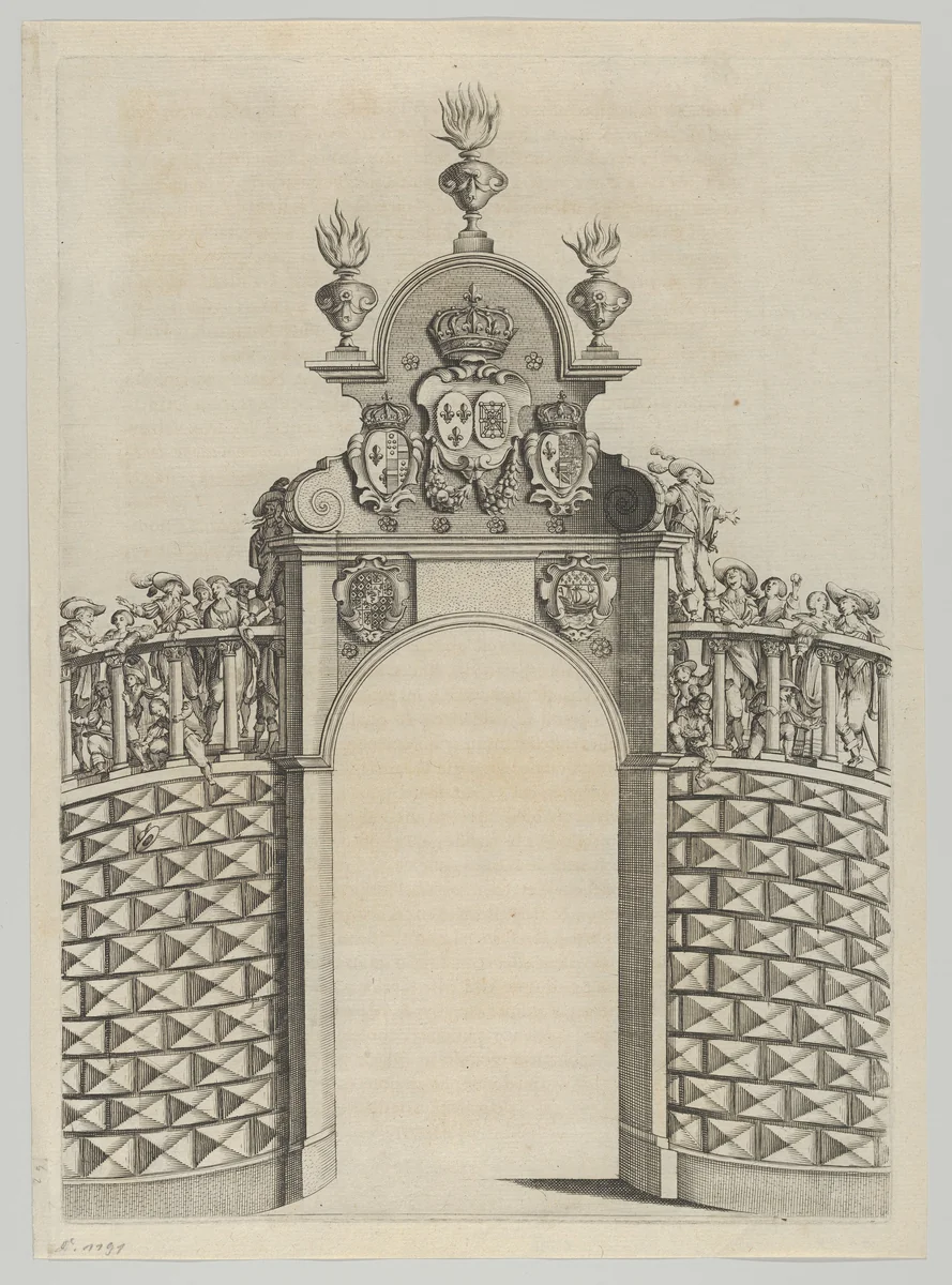 Triumphal arch, from 'Éloges et discours sur la triomphante réception du Roy en sa ville de Paris ...' by Jean-Baptiste de Machault by Melchior Tavernier, print, 1629