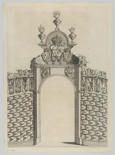 Triumphal arch, from 'Éloges et discours sur la triomphante réception du Roy en sa ville de Paris ...' by Jean-Baptiste de Machault by Melchior Tavernier, print, 1629