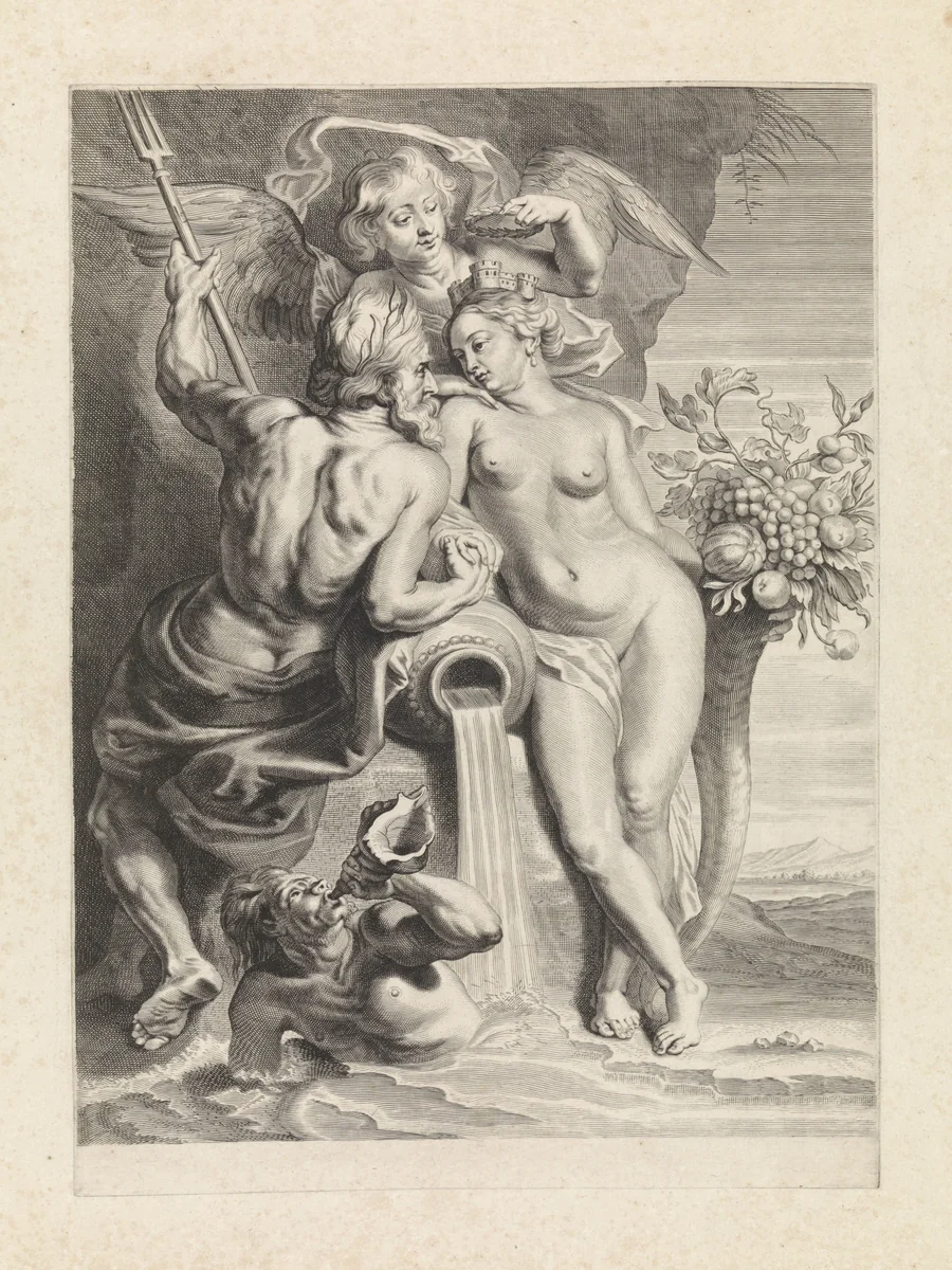 Allegorische voorstelling met Neptunus en Cybele by Pieter de Jode, print, 1628-1670