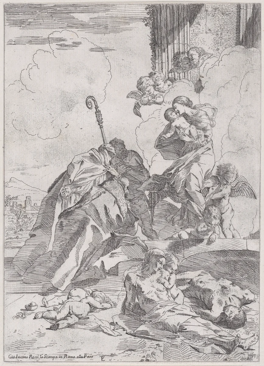 Three Luchese saints Sts Nicholas Tolentino, Nicholas of Bari interceding with the Virgin for the victims of the plague by Pietro Testa, print, 1600-1650