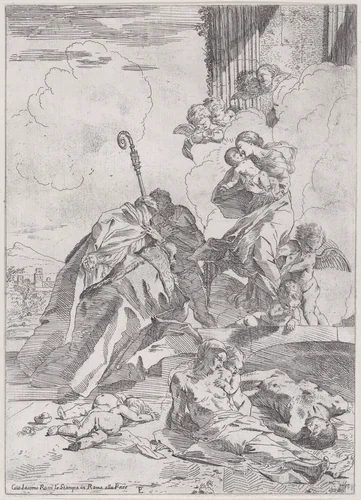 Three Luchese saints Sts Nicholas Tolentino, Nicholas of Bari interceding with the Virgin for the victims of the plague by Pietro Testa, print, 1600-1650