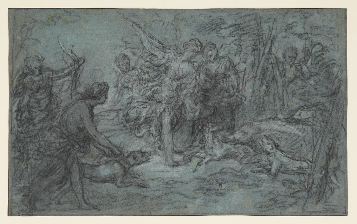 Diana and her Companions Hunting Wild Boar by Louis de Boullogne, drawing, 1702-1712