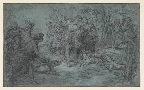Diana and her Companions Hunting Wild Boar by Louis de Boullogne, drawing, 1702-1712