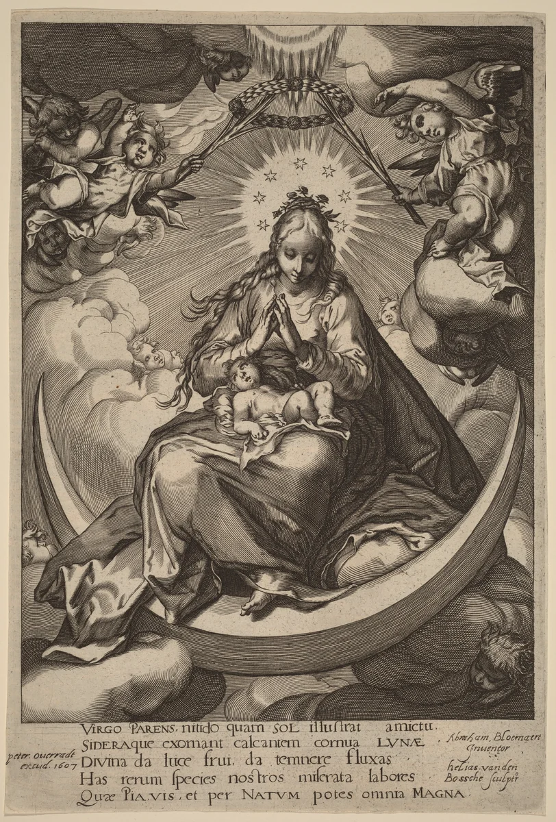 The Virgin and Child on the Crescent by Helias van den Bossche; Abraham Bloemaert; Peter Overadt, print, 1607