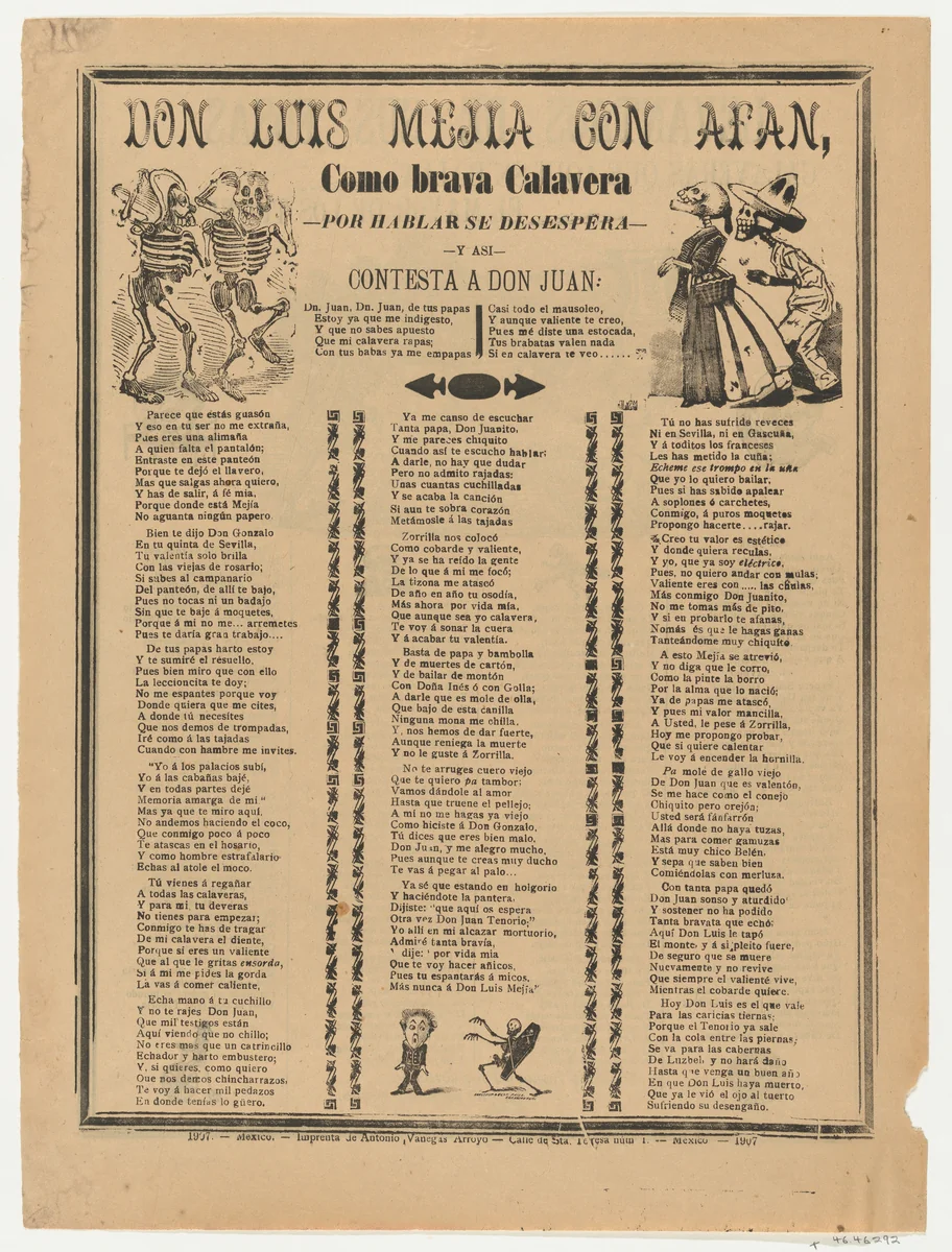 Broadsheet relating to Don Luis Mejia and Afan, a corrido (ballad) in the bottom section by José Guadalupe Posada, print, 1907