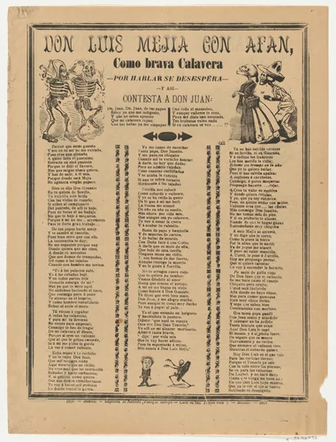 Broadsheet relating to Don Luis Mejia and Afan, a corrido (ballad) in the bottom section by José Guadalupe Posada, print, 1907