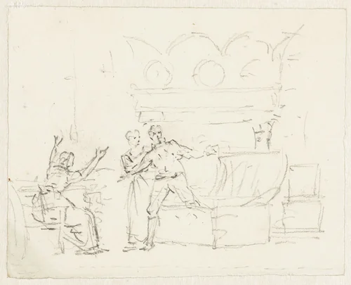 Hugo de Groot verbergt zich in zijn boekenkist by Pieter Bartholomeusz. Barbiers, drawing, 1782-1837