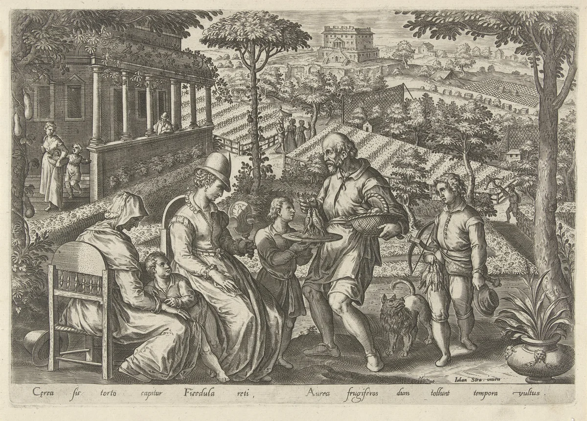 Jacht op de grasmus by Philips Galle, print, 1578