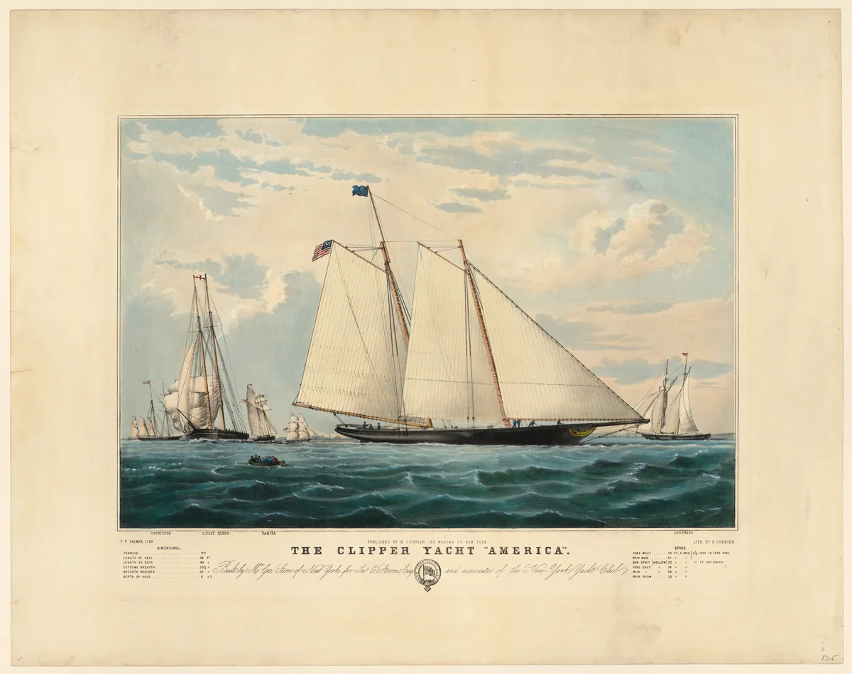 The Clipper Yacht "America" – Built by Mr. George Steers of New York for John C. Stevens, Esq. and Associates of the New York Yacht Club by Frances Flora Bond Palmer, print, 1851-1852