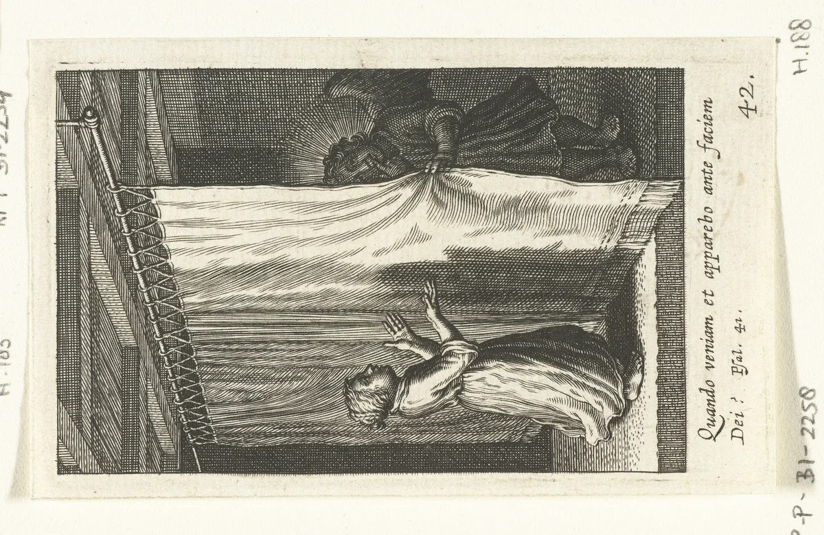 Kind staat voor gordijn waarachter zich een engel verschuilt by Boëtius Adamsz. Bolswert, print, 1590-1624