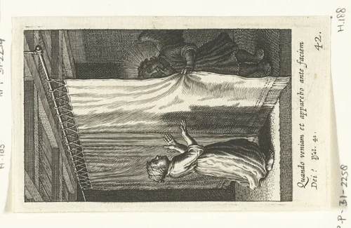 Kind staat voor gordijn waarachter zich een engel verschuilt by Boëtius Adamsz. Bolswert, print, 1590-1624