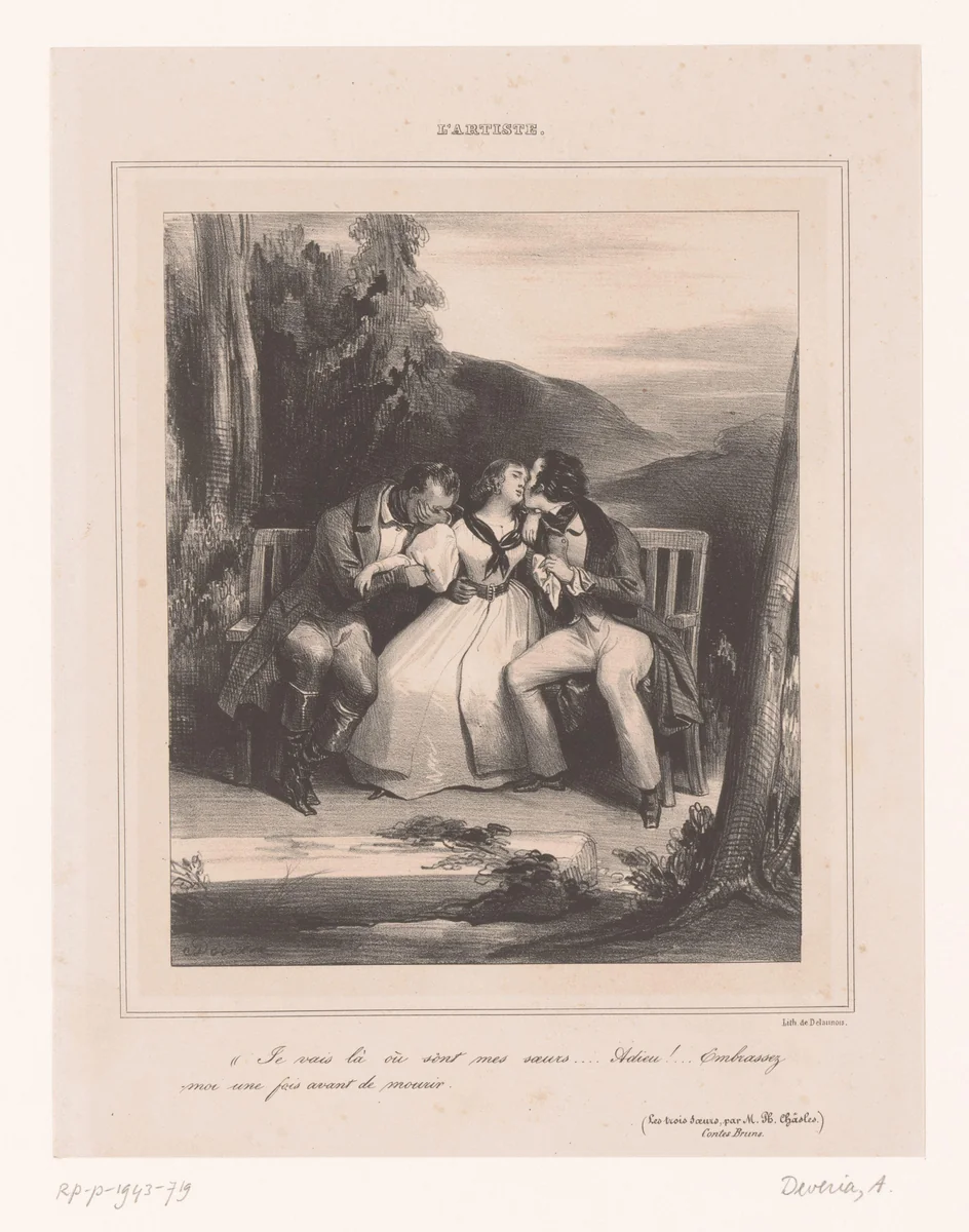 Jonge vrouw neemt afscheid van twee mannen by Achille Devéria, print, 1831