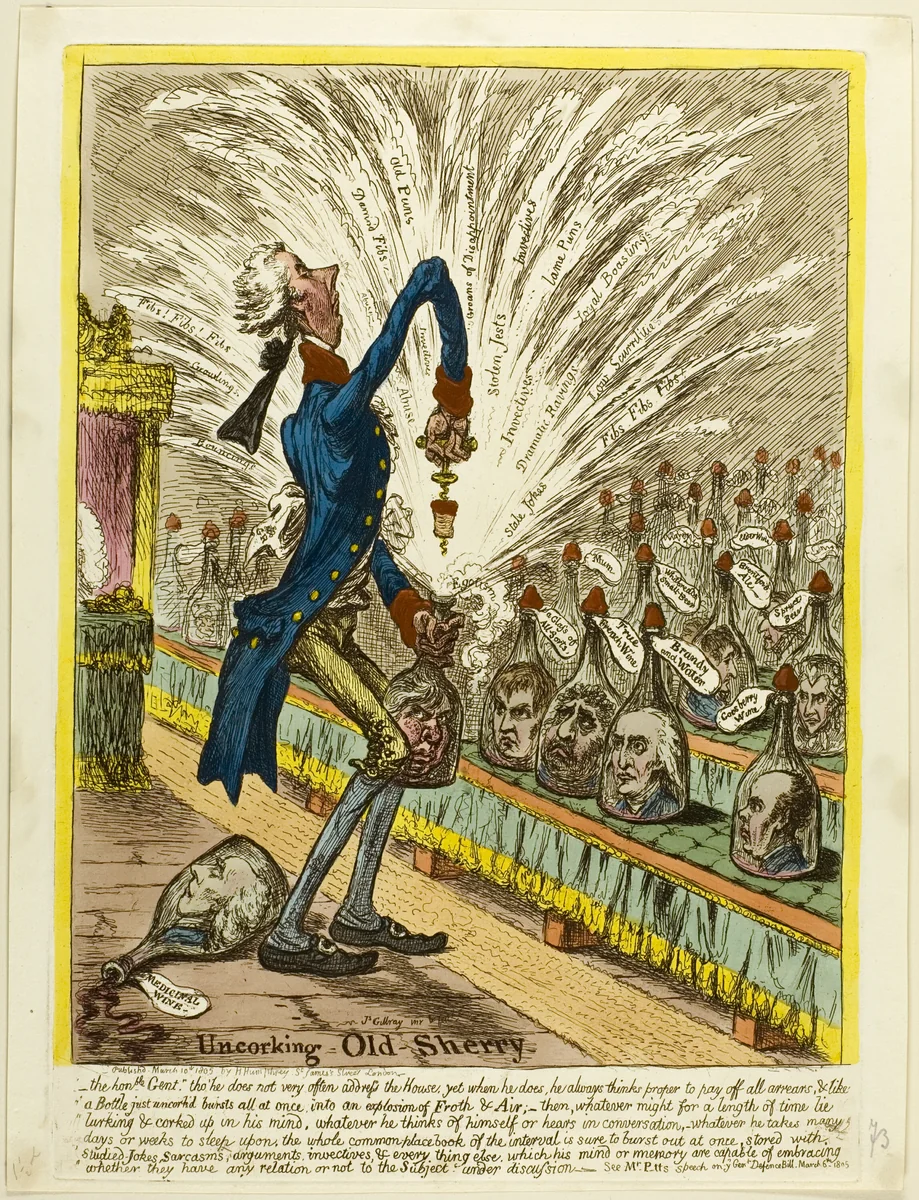 Uncorking Old Sherry by James Gillray, print, 1805