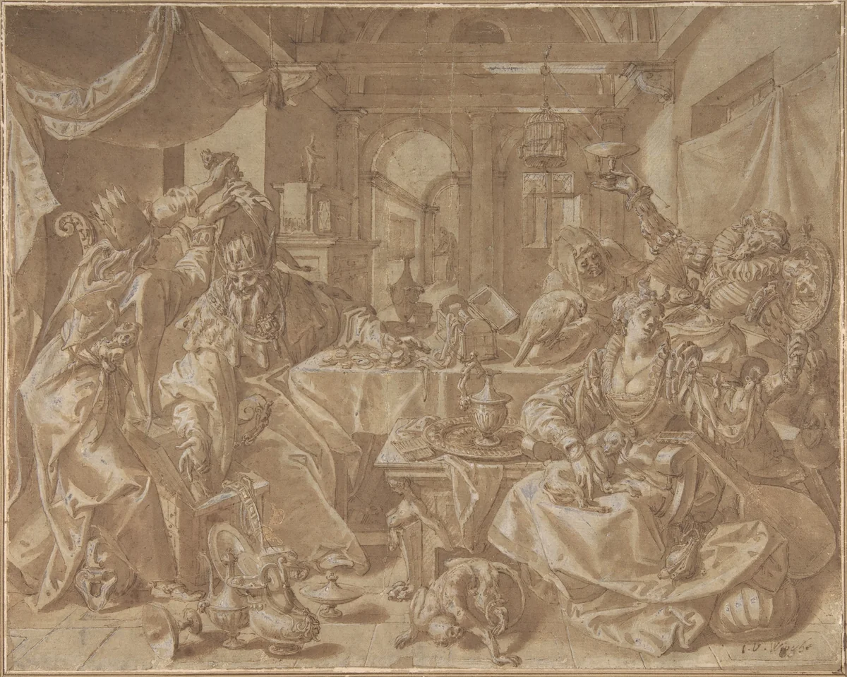 Allegory of Wealth, Lust and Stupidity by Joos van Winghe, drawing, 1560-1603