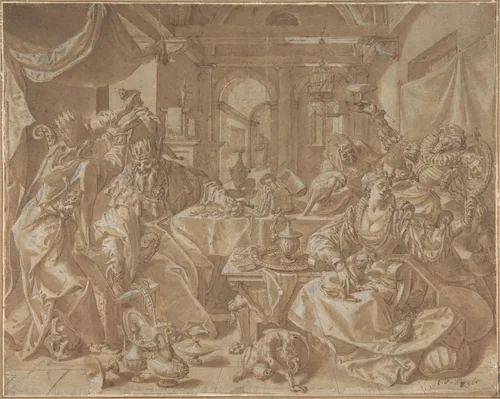 Allegory of Wealth, Lust and Stupidity by Joos van Winghe, drawing, 1560-1603