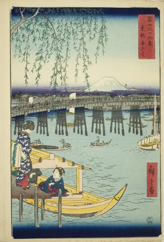 Ryogoku Bridge in the Eastern Capital (Toto Ryogoku), from the series "Thirty-six Views of Mount Fuji (Fuji sanjurokkei)" by Utagawa Hiroshige (歌川広重), print, 1858