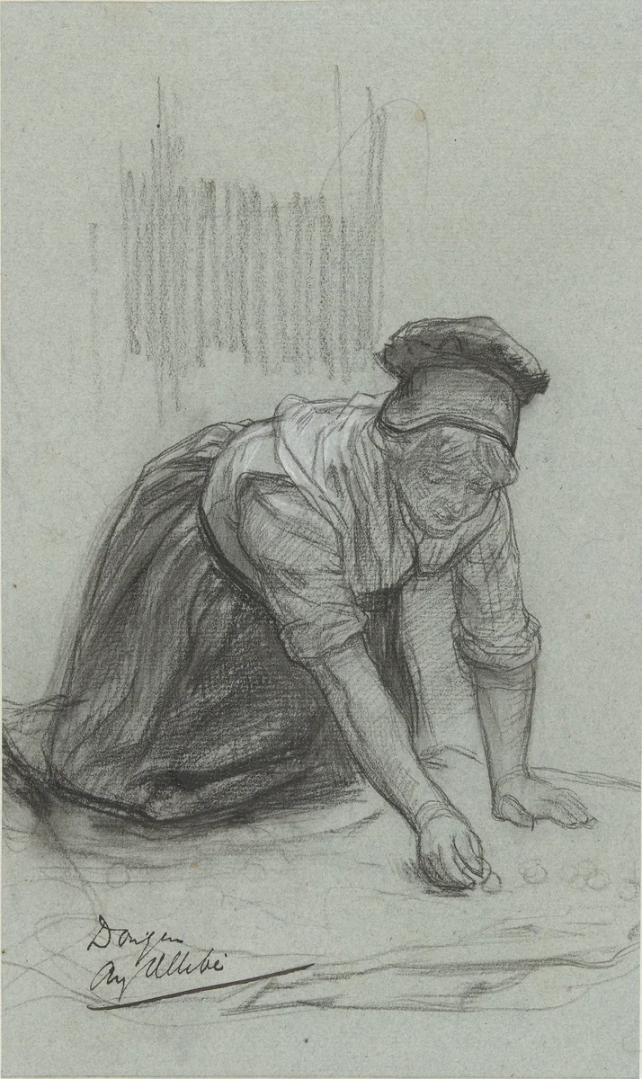 Vrouw op haar knieën, bezig met schoonmaken by August Allebé, drawing, 1848-1907