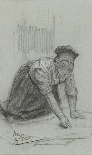 Vrouw op haar knieën, bezig met schoonmaken by August Allebé, drawing, 1848-1907