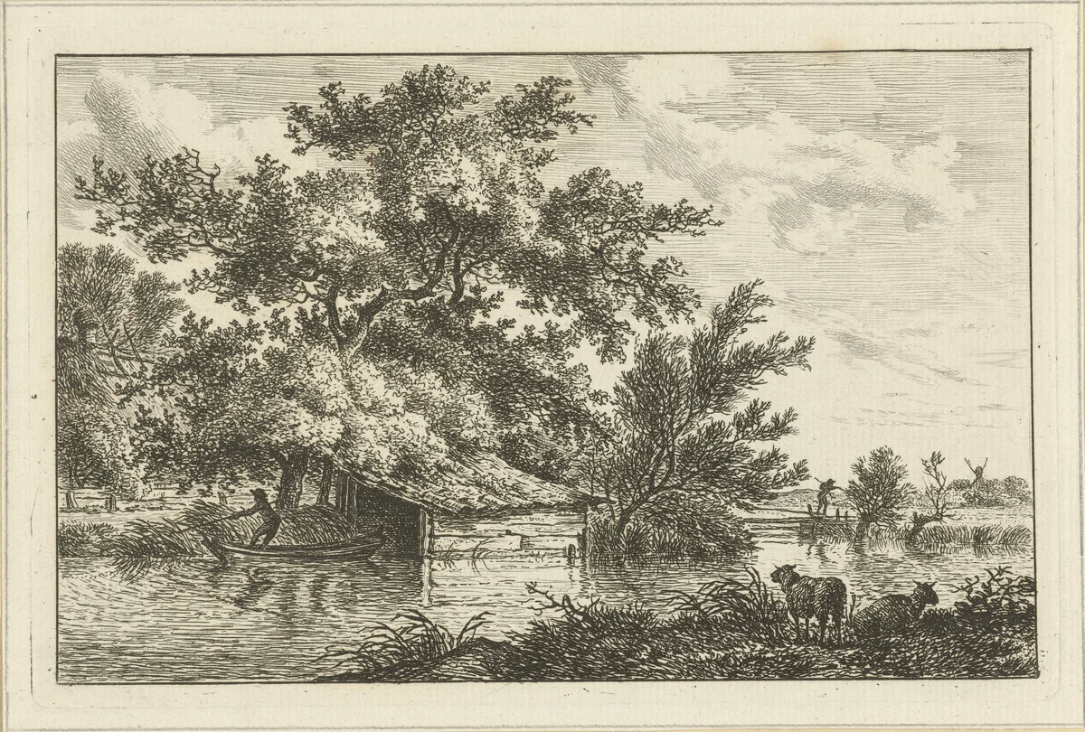 Schuitje bij boothuis by Hermanus Fock, print, 1781-1822