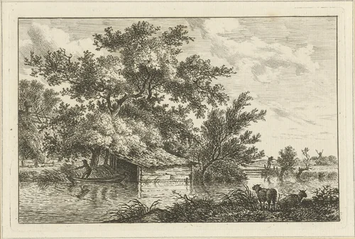 Schuitje bij boothuis by Hermanus Fock, print, 1781-1822