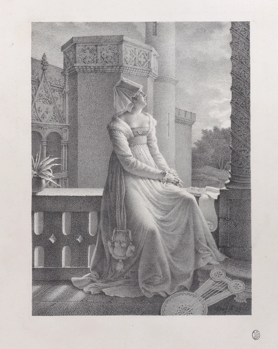 Portrait of Christine de Pisan seated on a balcony by Marie Philippe Coupin de La Couperie, print, 1790-1850