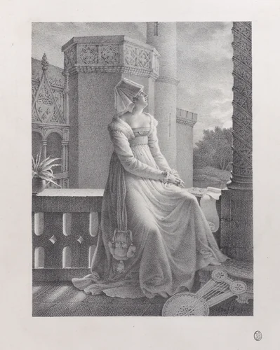 Portrait of Christine de Pisan seated on a balcony by Marie Philippe Coupin de La Couperie, print, 1790-1850