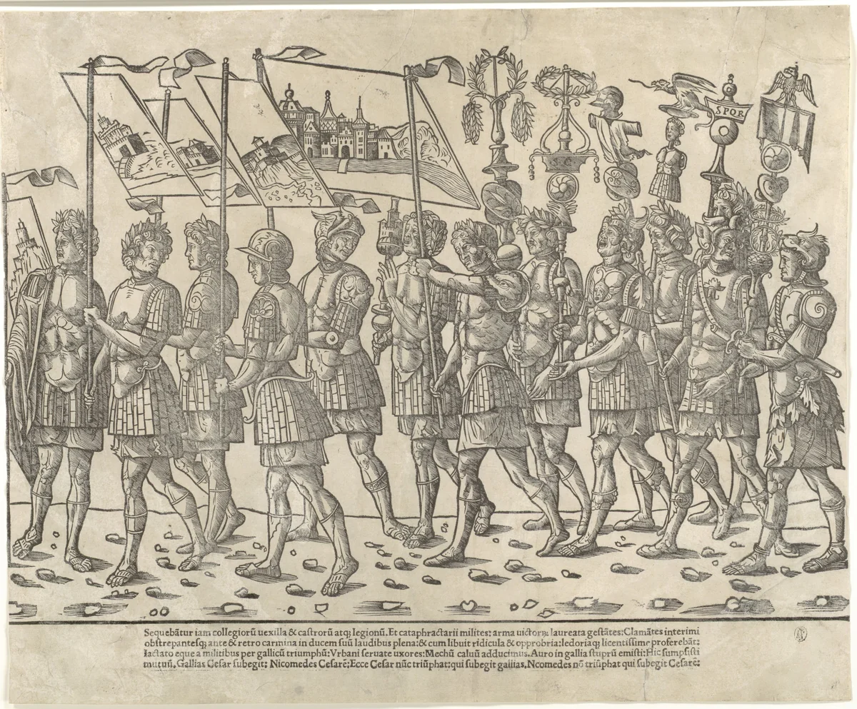 Figures carrying standards and trophies, from "The Triumph of Caesar" by Jacob, print, 1504