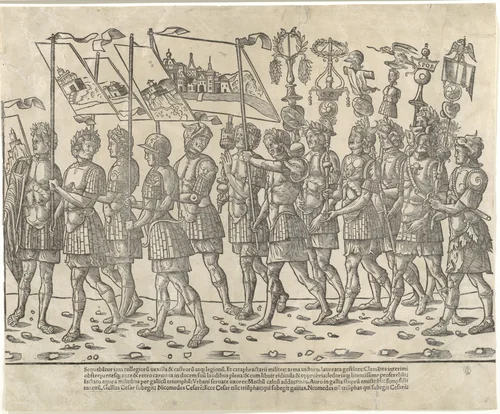 Figures carrying standards and trophies, from "The Triumph of Caesar" by Jacob, print, 1504
