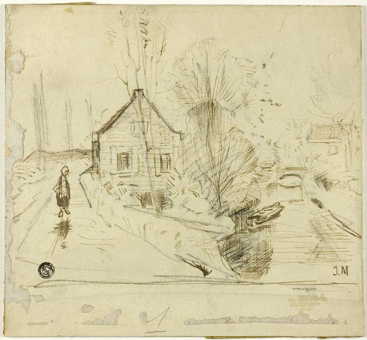 Figure on Road by House and Canal by Jacob Henricus Maris, drawing, 1858-1899
