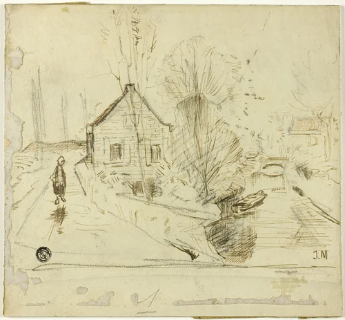 Figure on Road by House and Canal by Jacob Henricus Maris, drawing, 1858-1899