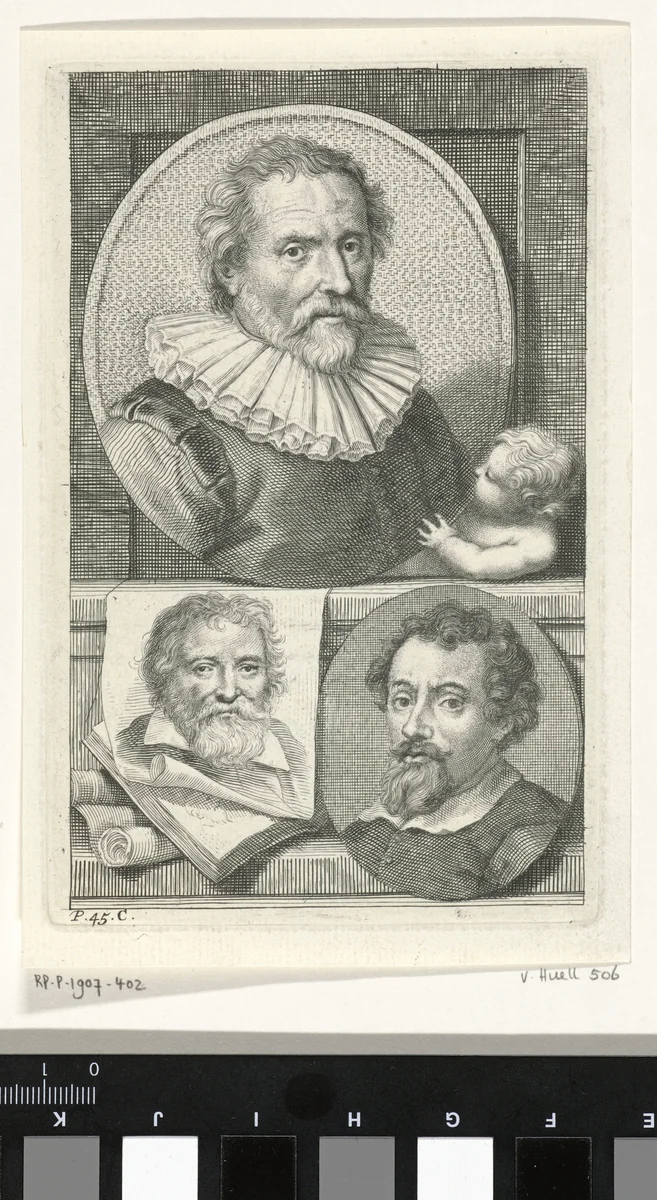 Portretten van Abraham Bloemaert, Adam Elsheimer en Adam van Noort by Jacob Houbraken, print, 1753
