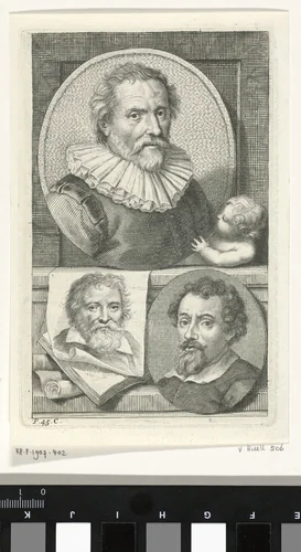 Portretten van Abraham Bloemaert, Adam Elsheimer en Adam van Noort by Jacob Houbraken, print, 1753