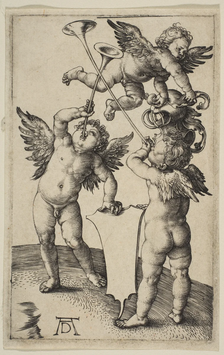 Three Putti with Trumpets by Albrecht Dürer, print, 1500